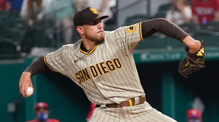 Joe Musgrove tosses a pitch against the Rangers during his no-hitter.